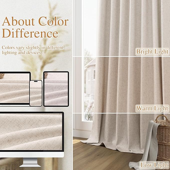 Guken Oatmeal 100% Blackout Curtains 96 Inch Length 2 Panels Set for Living Room Bedroom Back Tab Thermal Insulated Black Out Linen Drapes Room Darkening Window Curtains 96 Inches Long