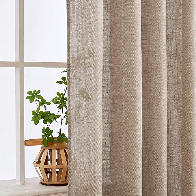 MIULEE Taupe Linen Curtains 90 Inch Length 2 Panels for Bedroom Living Room, Soft Thick Linen Textured Window Drapes Semi Sheer Light Filtering Back Tab Rod Pocket Burlap Look Decor, W37xL90