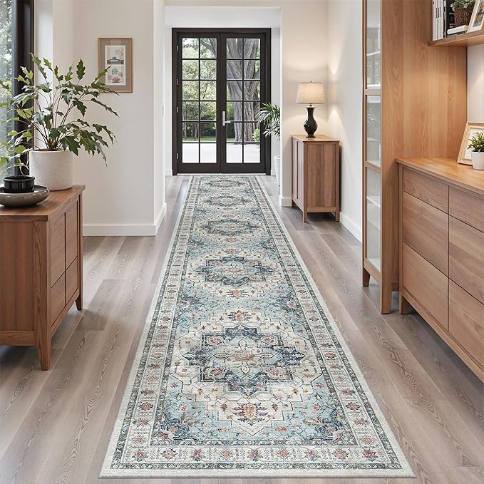 Madane Hallway Runner Rug 2'6''x16' Kitchen Runner - Non Slip Vintage Runners for Hallways Washable Kitchen Rugs Soft Low Pile 2.5x16 ft Rug Runner for Laundry Room, Entryway and Bedroom, Blue