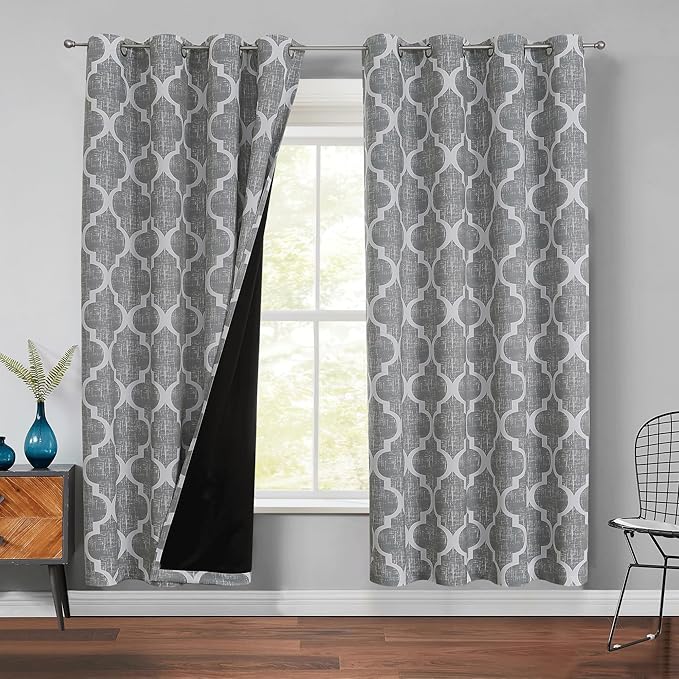 Beauoop 100% Blackout Curtains 72 Inches Long 2 Panels for Bedroom Living Room Grey Moroccan Geo Room Darkening Thermal Insulated Soundproof Grommet Top Window Treatments Drapes, 50x72 Set of 2