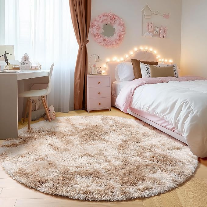 ONASAR Round Rugs 6ft for Living Room Bedroom, Tie-Dye Beige Fluffy Circle Area Rug for Kids Girls Boys Teen, Soft Plush Shaggy Carpet for Nursery Dorm Classroom Playroom Home Decor Aesthetic