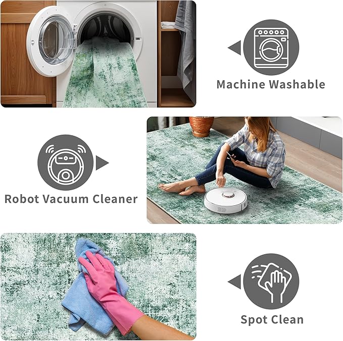 2x5 Washable Runner Rug for Hallway: Non Slip Entryway Runners Rugs Easy-to-Clean - Soft Living Room Bedroom Carpet - Thin Low Pile Floor Mat for Dining Room Green