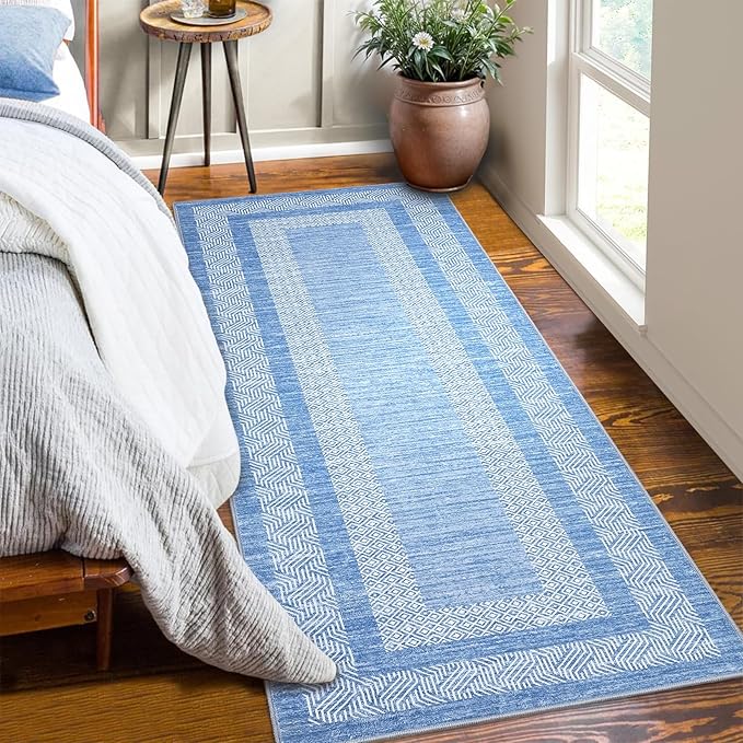 GarveeHome 2x6 Modern Bordered Runner Rug Soft Non Slip Washable Floor Carpet Distressed Geometric Hallway Indoor Printed Rug for Kitchen Entrance, Light Blue