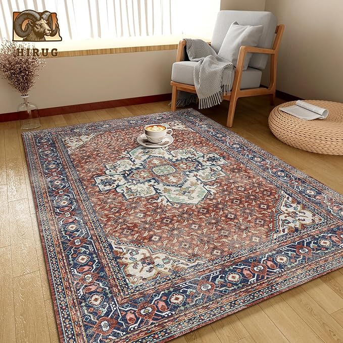 Washable Area Rug 8' x 10' Vintage Traditional Persian Mat - Foldable Distressed Non-Slip Machine Washable Carpet for Living Room Bedroom Kitchen Home Decor - Terracotta and Navy