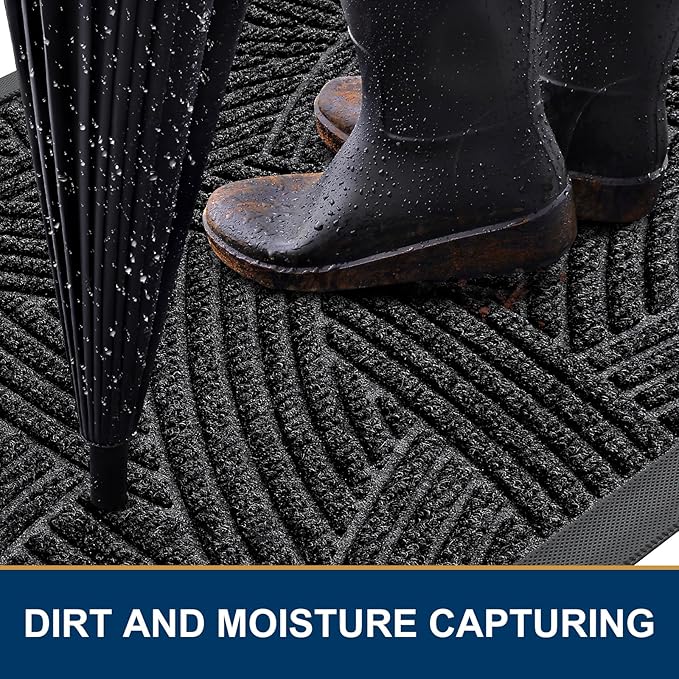 Smiry Front Door Mat Outside Entrance, Heavy Duty Sturdy Natural Rubber Doormat, Trap Dirt and Moisture, Easy Clean Low Profile Mats for Indoor Outdoor Entry, Interwoven Stripes 29.5x17, Black