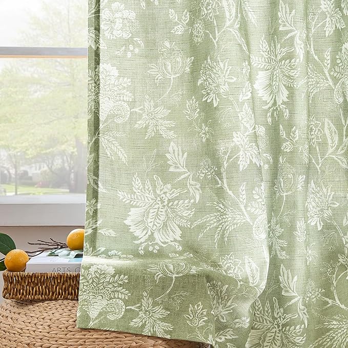 jinchan Linen Floral Curtains for Living Room with Printed Flower 84 Inches Long Light Filtering French Country Back Tab Rod Pocket Sage Green Window Curtain Set Farmhouse Drapes 2 Panels