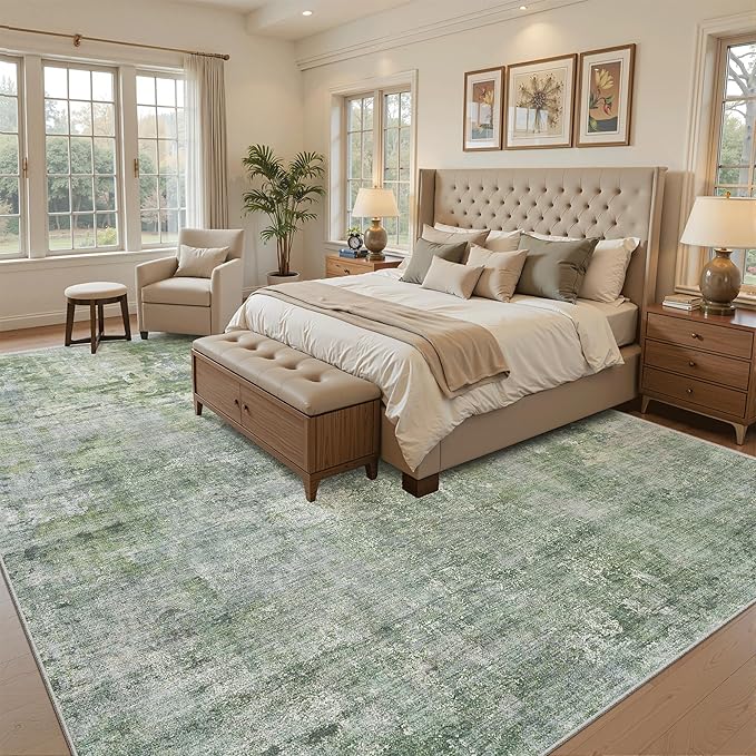 9x12 Area Rugs for Living Room, Non-Slip Machine Washable Vintage Rugs, Abstract Low Pile Lightweight Large Rug for Bedroom, Dining Room, Home Office Green Ivory