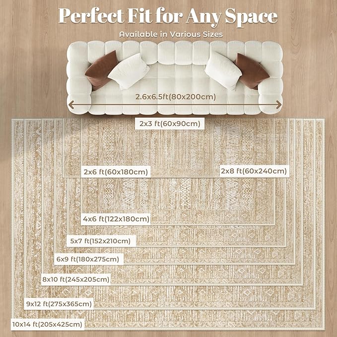 6x9 Area Rugs for Living Room: Washable Moroccan Geometric Boho Rug Farmhouse Non Slip Stain Resistant Large Rug Low Pile Soft Carpet for Bedroom Dining Room Home Office Kids Room (Light Brown,6'x9')