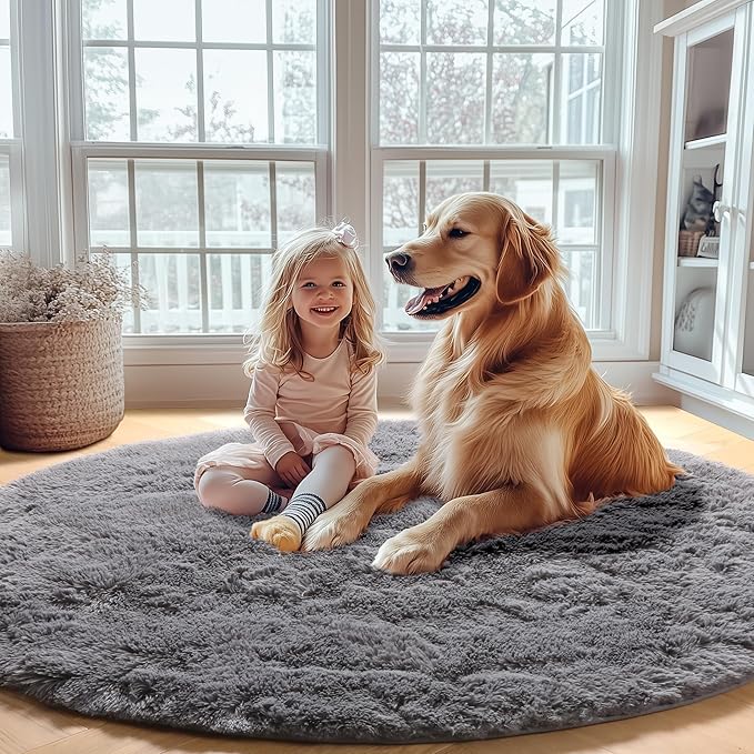 ONASAR Grey Round Rugs 7ft for Living Room, Fluffy Bedroom Circle Area Rug, Soft Plush Shaggy Carpet for Kids Girls Boys Teen Nursery Dorm Classroom Playroom Home Decor Aesthetic