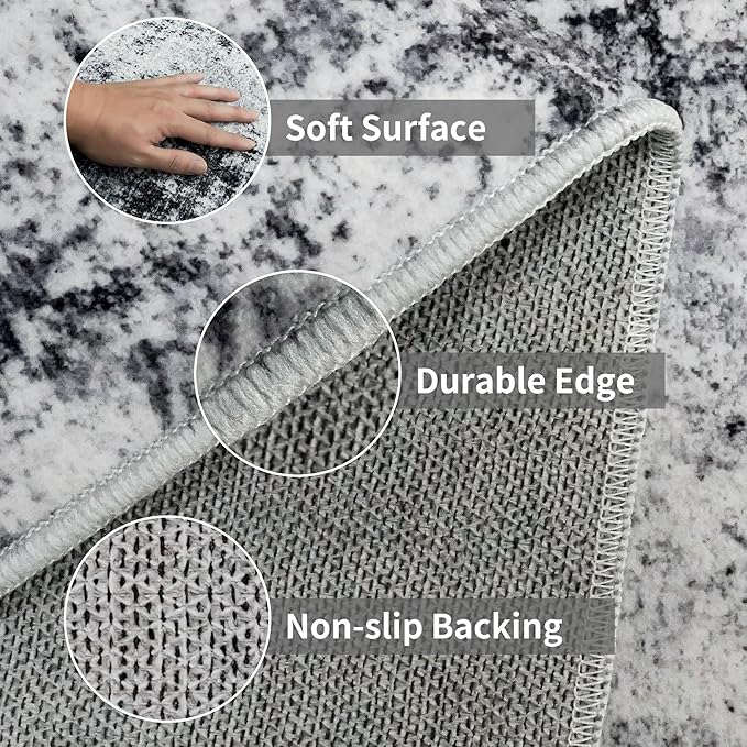 3x10 Washable Runner Rug for Hallway: Non Slip Runners Rugs Easy-to-Clean - Soft Living Room Bedroom Kitchen Carpet - Thin Low Pile Printed Floor Mat for Dining Room Black Grey