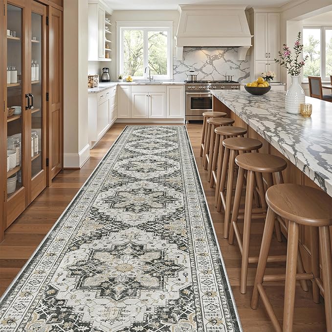 Madane Hallway Runner Rug 3x16 - Vintage Non Slip Washable 16ft Kitchen Runner for Entrance Soft Long Carpet Runners for Living Room Bathroom Low Pile Floor Mat for Bedroom Dining Room, Black