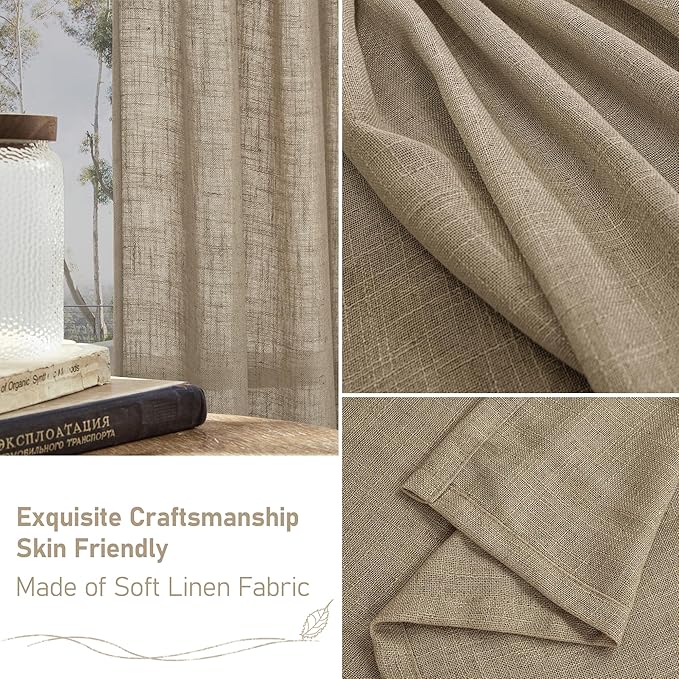 LAMIT Taupe Linen Curtains for Bedroom, 72 Inch Length Light Filtering Semi Sheer Panels Back Tab and Rod Pocket Neutral Drapes for Living Room, 2 Panels, 34 x 72 Inch