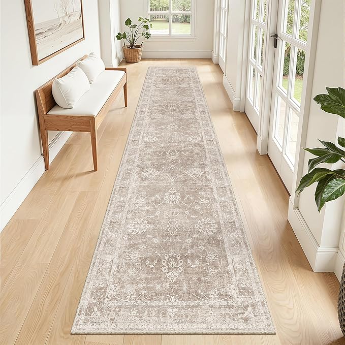 Madane Runner Rug 2x10 for Hallway, Kitchen Non-Slip Runner Rug with Rubber Backing, Vintage Soft Low Pile Throw Neutral Carpet Runner for Laundry Room Entryway Bathroom Bedroom (2 x 10, Brown/Sand)