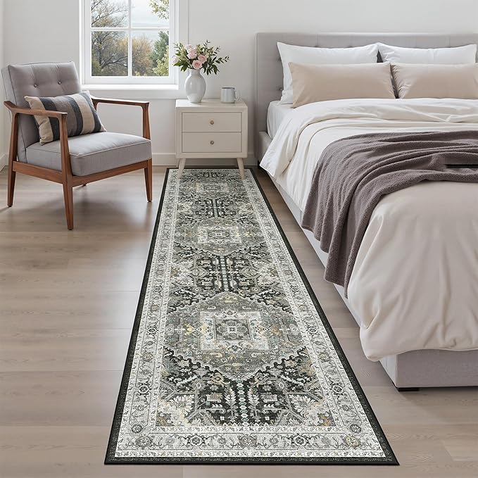 Madane Washable Runner Rug 2x8, Runners for Hallways Non-Slip Kitchen Runner Rugs Ultra-Thin Laundry Room Carpet Runner for Entrance Living Dinning Room Foyer, Grey Green/Black Olive