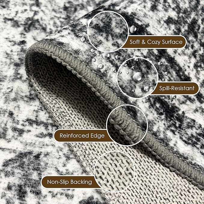 Washable Area Rug 5' x 7' Vintage Traditional Persian Mat - Foldable Distressed Non-Slip Machine Washable Carpet for Living Room Bedroom Kitchen Home Decor - Graphite and Mist