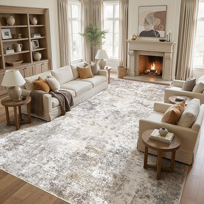 UERMEI 10x12 Area Rug Living Room Rugs - Washable Neutral Modern Abstract Soft Thin Large Rug Indoor Floor No Slip Rug Carpet for Bedroom Under Dining Table Home Office Decor - Brown Grey