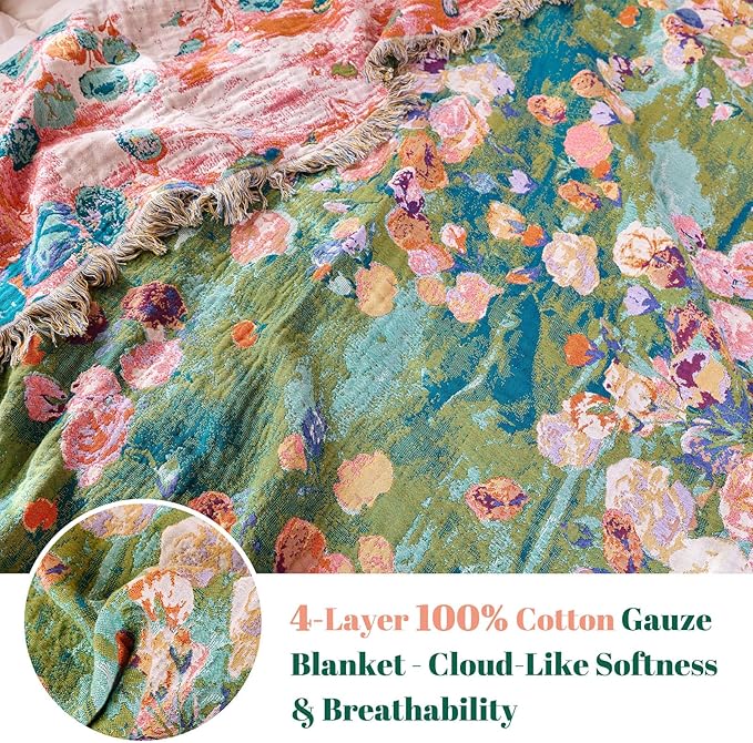 MSGKV Boho Throw Blanket for Couch Cotton Floral Blanket 50"x60" for Sofa Chair Throws Muslin Spring Breathable Lightweight Farmhouse Blankets Home Decor All Seasons
