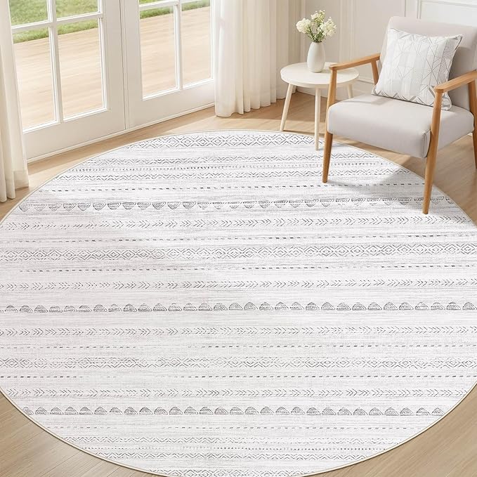 Nakagishi Round Rug Boho Area Rugs: 8x8 Washable Large Circle Neutral Soft Stain Resistant Non-Slip Carpet for Women Aged 25-45 Farmhouse Home Decor Enthusiasts - Living Room Bedroom Dining Room