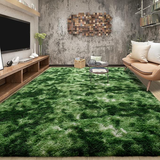 Tepook Soft Fluffy Rugs for Bedroom, 4x6 Area Rug for Living Room, Modern Shaggy Room Rug for Kids Boys Girls, Plush Throw Rugs Indoor Nursery Home Decor Rug with Non-Slip Bottom, Tie-Dyed Dark Green