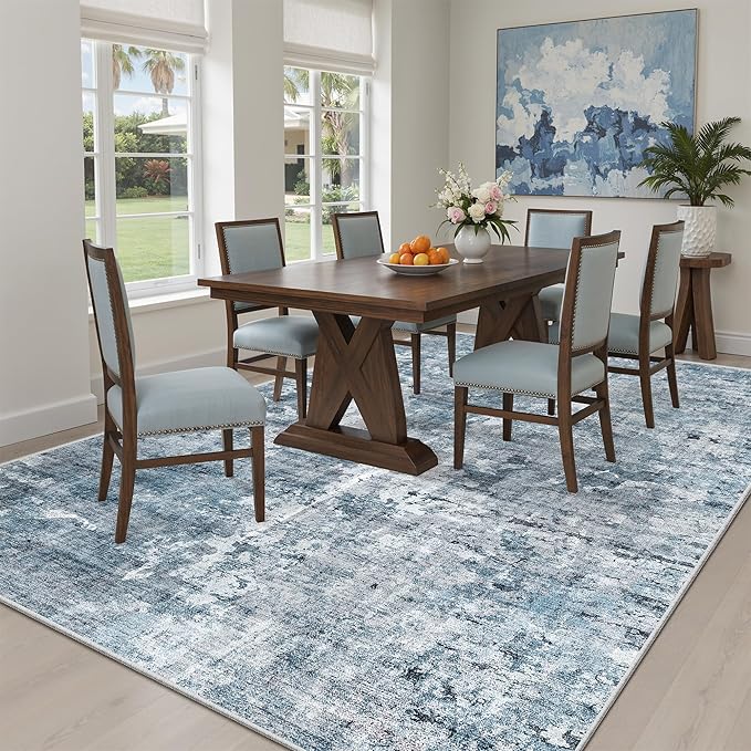Abstract Rug 5x7 Machine Washable Area Indoor Blue Low Pile Non-Slip Foldable Thin Accent Rugs for Bedroom Living Room Dining Room