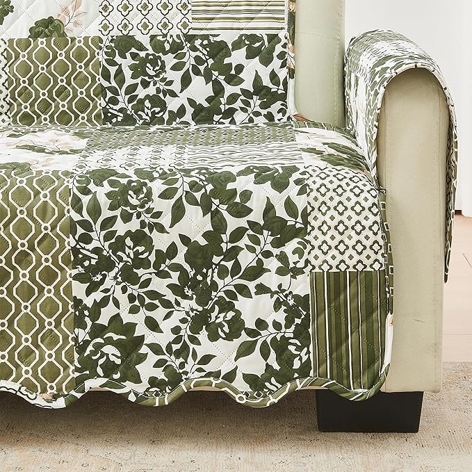 Great Bay Home Reversible Patchwork Sofa Cover - Washable Slipcover Furniture Protector with Elastic Straps - Perfect for Kids & Pets - Box-Stitched Detail (Olive/Brown)