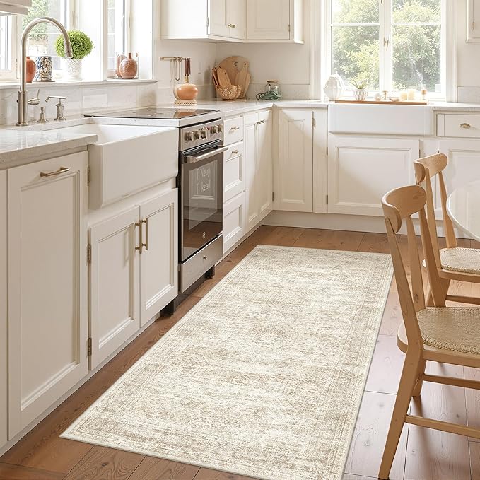 3x8 Runner Rug Non Slip Washable for Entryway, Vintage Hallway Runner for Front Porch, Laundry Room, Bedroom, Abstract Stain Resistant Thin Indoor Kitchen Mats for Floor(3'x8', Beige/Ivory)
