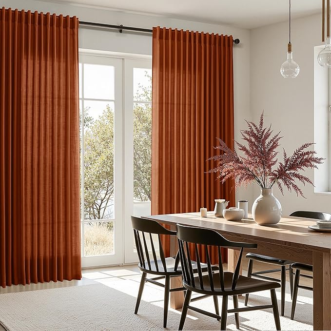 Nanspring Extra Wide Linen Curtains for Living Room 90 Inches Long Terracotta Light Filtering Semi Sheer Boho Farmhouse Curtain for Bedroom Office Luxury Back Tab and Rod Pocket 100x90, 2 Panels
