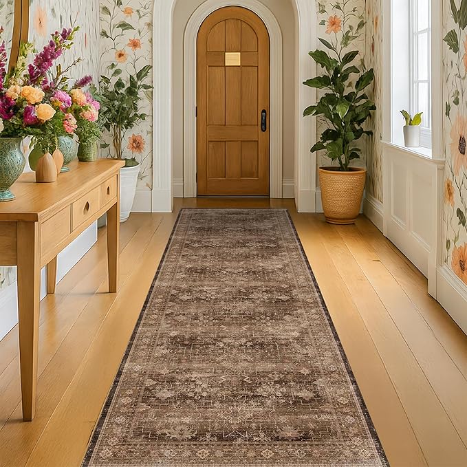 Hazo Haus Brown Neutral Boho Washable 3x12 Extra Long Hallway Runner Rug, Waterproof Large Kitchen Floor Rug Indoor, Non-Slip Stain & Fade Resistant, Vintage Dark Earthy Taupe Decor