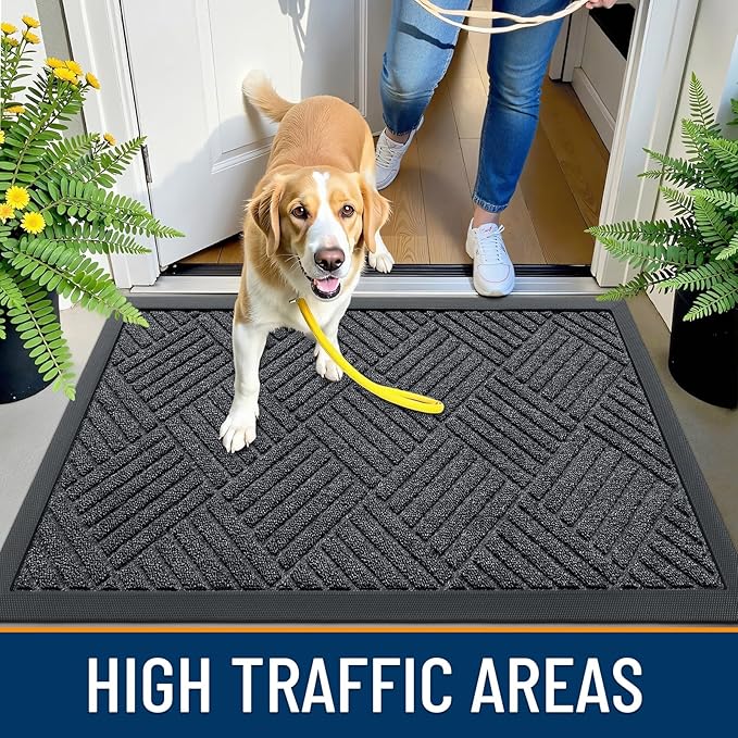 OLANLY Front Door Mat Outside Entrance 35x23, Absorbent, Heavy Duty Sturdy Natural Rubber Doormat Indoor Outdoor, Stain Fade Resistant, Non-Slip Low Profile Floor Mat for Entryway, Black Gray Diamond