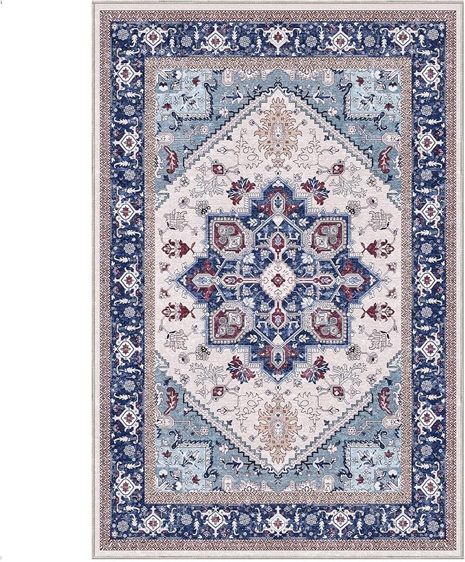 OPPODREAM Soft Area Rugs 4x6, Low-Pile Washable Rugs 4x6 with Non Slip Backing, Faux Cashmere 4 x 6 Throw Carpet, Navy Blue & Red & Cream