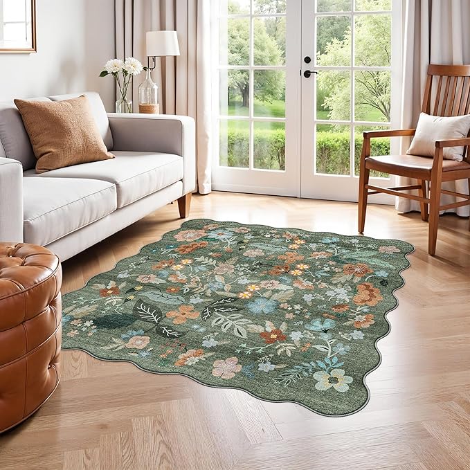 Floral Square Area Rug for Family: Washable 5x5 Scalloped Carpet for Living Room Bedroom Soft Water Resistant Floor Mat with Non Slip Backing for Kitchen Nursery Farmhouse Home Decor(5x5,Floral/Green)