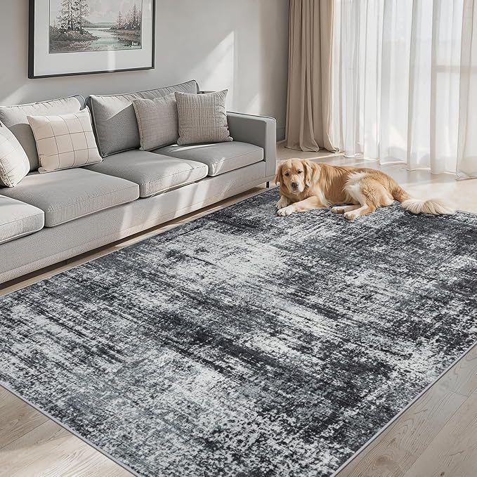 6x9 Area Rugs for Living Room - Washable Rug Modern Abstract Soft Large Neutral Non-Slip Carpet Indoor Floor Thin Carpets for Bedroom Dining Room Farmhouse Nursery Home Office Dark Black