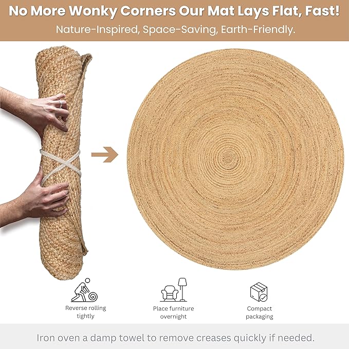 Hausattire Jute Braided Hand Woven Rug, 8 Feet Round – Natural, Boho Large Area Rugs for Bedroom, Living Room | Farmhouse Décor Kitchen Floor Rug – 8’ Round