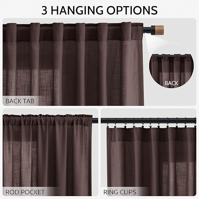 Coffee Brown Curtains 72 inch Length for Living Room/Study Room Back Tab Rod Pocket Linen Semi Sheer Modern Farmhouse Curtain Coastal Decor Cotton Textured Gauze for Dining Room Office 2 Panels