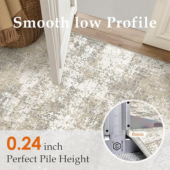 PureCozy Beige Area Rug 3x5 Machine Washable Modern Abstract Office Carpet Neutral Non Slip Indoor Entry Low Pile Soft Non Shedding Small Mat Bedroom Throw Rug for Kitchen Laundry Dining Room