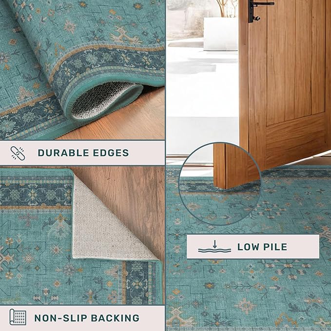 Boho 9x12 Large Teal Green Washable Living Room Rug - Vibrant Turquoise Rug for Bedroom Under Bed, Dining Room Under Table, Geometric Floral Low Pile & Soft Stain Resistant Carpet