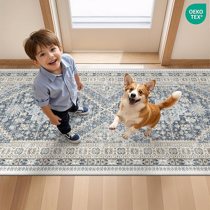 Runner Rug 2x8 Runners for Hallways Non Slip Washable, Vintage Hallway Runner Rugs for Living Room, Low Pile Soft Hallway Rug for Kitchen Bedroom Laundry Room(Blue/Beige,2'x8')