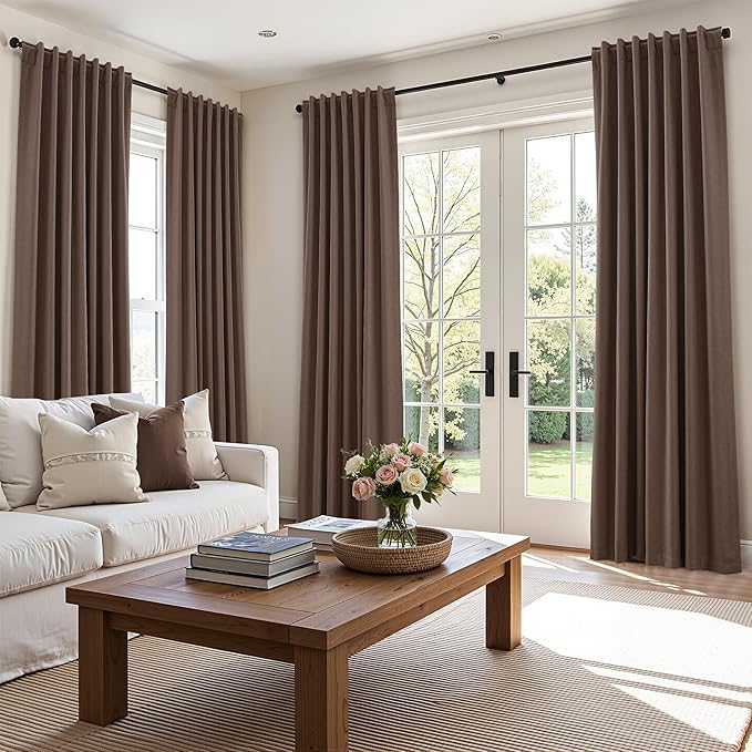 Guken 100% Blackout Curtains 120 Inch Length 2 Panels Set for Living Room Bedroom Back Tab Thermal Insulated Black Out Linen Drapes Room Darkening Mocha Mousse,52x120