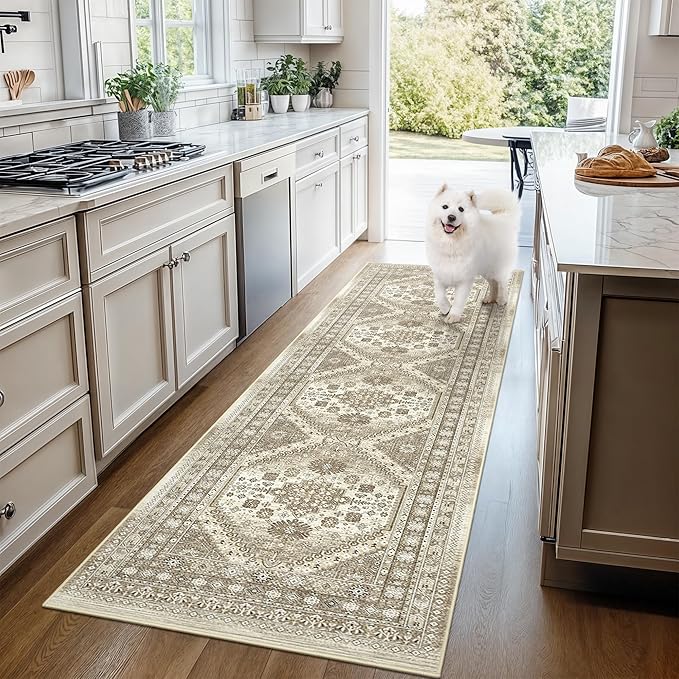 Washable Runner Rug 2.5x14, Non-Slip Long Kitchen Mats for Floor, Vintage Rug for Entryway, Soft Hallway Runner for Dining Room, Bedroom, Living Room(Brown,2.5'x14')