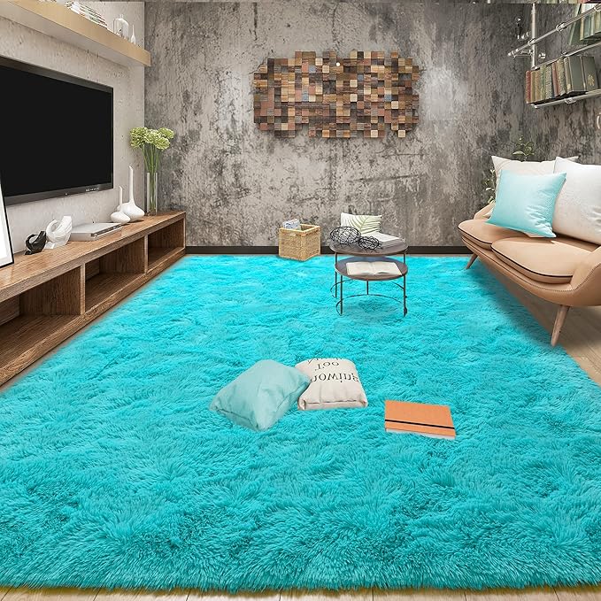 Tepook Super Soft Fluffy Rug for Bedroom, Modern Shaggy Fuzzy Kids Rugs for Living Room, Plush Indoor Nursery Home Decor Dorm Carpet with Non-Slip Bottom, Teal Blue, 4 X 6 Feet