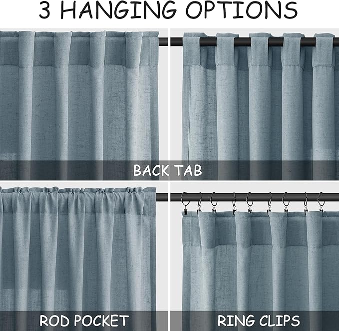 Nanspring Light Blue Linen Curtains for Living Room Bedroom 100 Inches Long Back Tab Rod Pocket Light Filtering Drapes for Protect Privacy Curtain Modern Farmhouse Decor 2 Panels Set 52x100