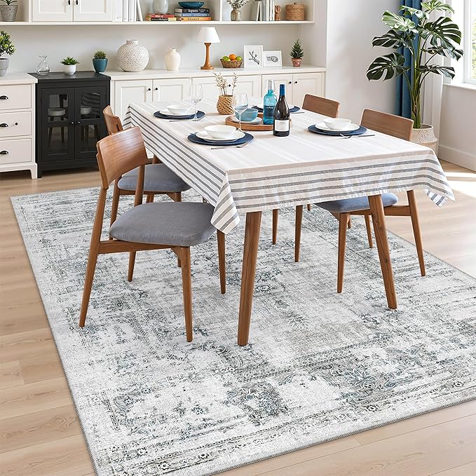 Madane 5x7 Area Rugs Washable Rug: Vintage Living Room Rug with Non-Slip Backing Low Pile Rugs Soft Indoor Floor Thin Carpet Non Shedding Carpets for Bedroom Dining Room Farmhouse Blue/Grey