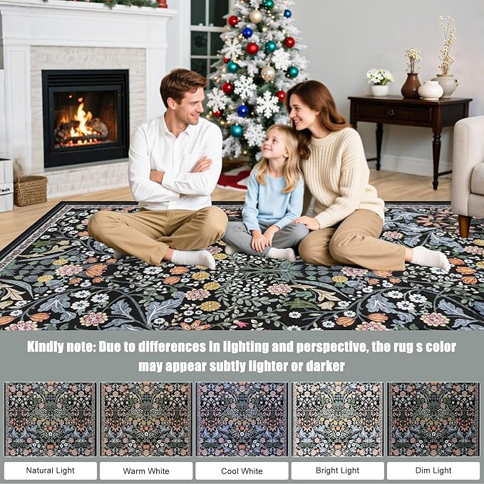 Round Area Rug for Living Room: 4 ft Floral Washable Circle Rug Soft Boho Non-Slip Carpet Indoor Stain Resistant Low Pile Small Circular Rug for Bedroom Entryway Kitchen Nursery Home Office Dark Black