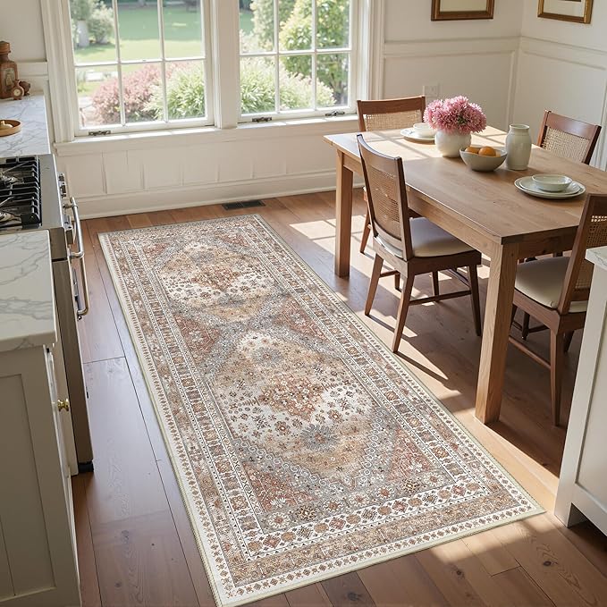 3x8 Runner Rug Non Slip Washable for Entryway, Front Porch, Vintage Hallway Runner for Laundry Room, Bedroom, Stain Resistant Thin Indoor Kitchen Mats for Floor(Orange,3'x8')
