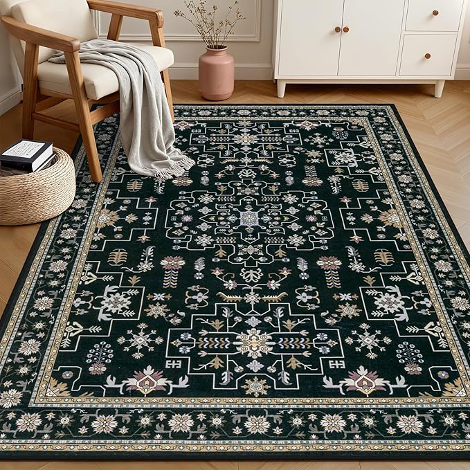 4x6 Area Rugs for Living Room: Washable Rug Soft Vintage Boho Medallion Carpet Indoor Floor Non-Slip Stain Resistant Large Carpets for Bedroom Dining Room Farmhouse Nursery Home Office Black