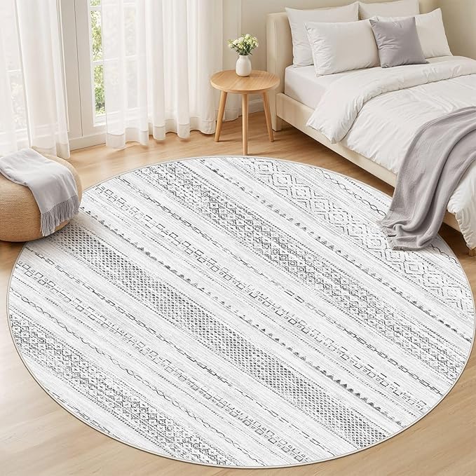 Nakagishi Round Rug Boho Area Rugs: 5x5 Washable Large Circle Neutral Soft Stain Resistant Non-Slip Carpet for Women Aged 25-45 Farmhouse Decor Enthusiasts - Living Room Bedroom Dining Room Nursery