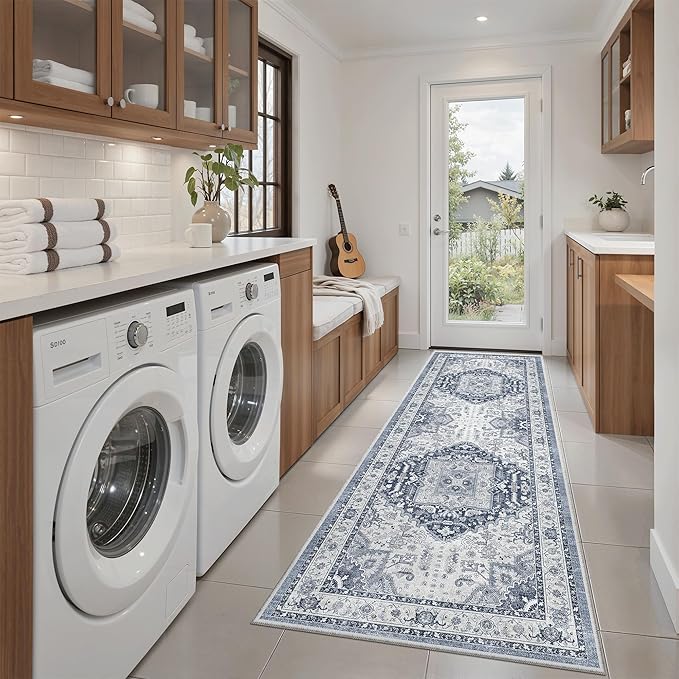 Madane Washable Runner Rug 2x6, Ultra-Thin Non-Slip Non-Shedding Hallway Runner, Stain Resistant Kitchen Mat Entryway Carpet Runner, Vintage Pet Friendly Low Pile Runners (2x6ft, Navy/White)