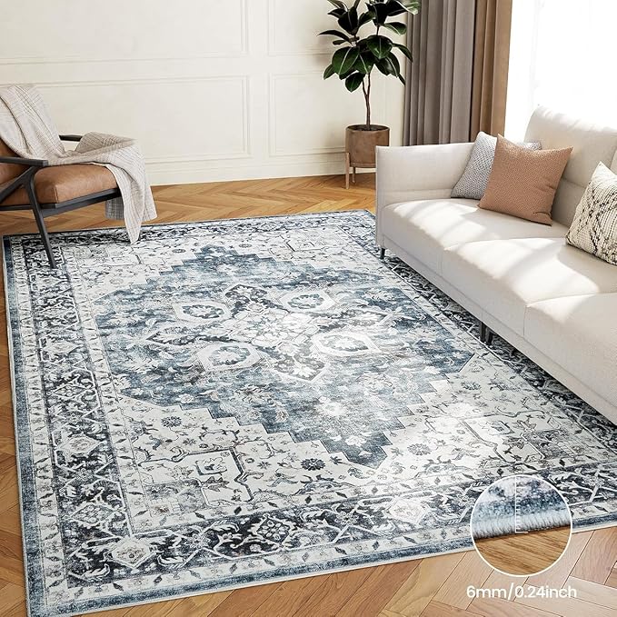 AMADA HOMEFURNISHING 6x9 Area Rugs, Blue Low-Profile Washable Rug with Non-Slip Backing & Durable Edge Binding, Vintage Rugs for Living Room, Bedroom, Dinning Room