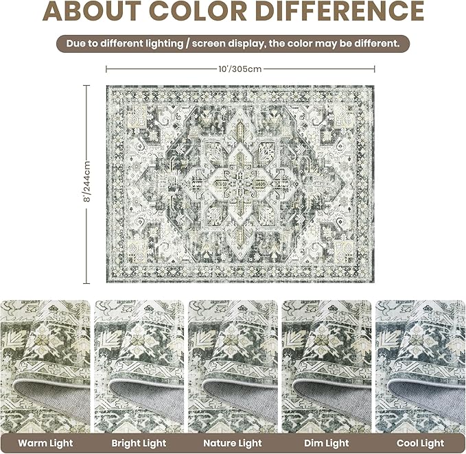 zesthome 8x10 Area Rugs-Washable Rug for Living Room, Non-Slip Backing Rugs, Stain Resistant 8x10 Rug for Bedroom, Ultra-Thin Low Pile Rugs, Vintage Large Home Decor