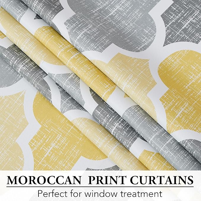 Beauoop 100% Blackout Curtains 72 Inches Long 2 Panels for Bedroom Living Room Yellow Grey Moroccan Geo Room Darkening Thermal Insulated Soundproof Grommet Top Window Treatments Drapes, 50x72 Set of 2